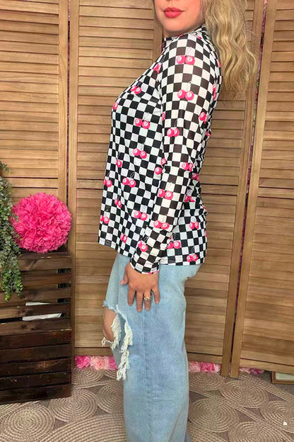 Southern Stitch Checkered 8-ball cherries printed sheer long sleeve women blouse XCH17027