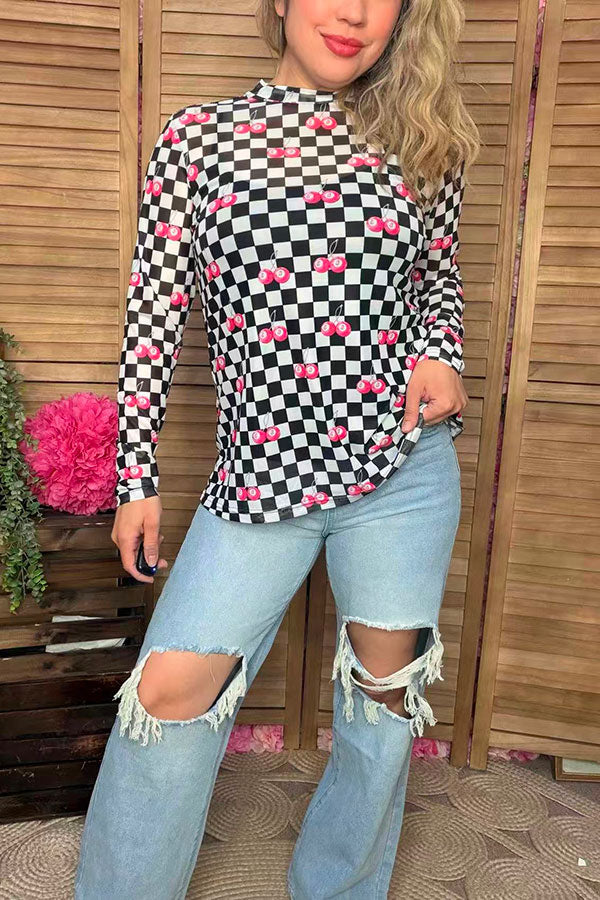 Southern Stitch Checkered 8-ball cherries printed sheer long sleeve women blouse XCH17027