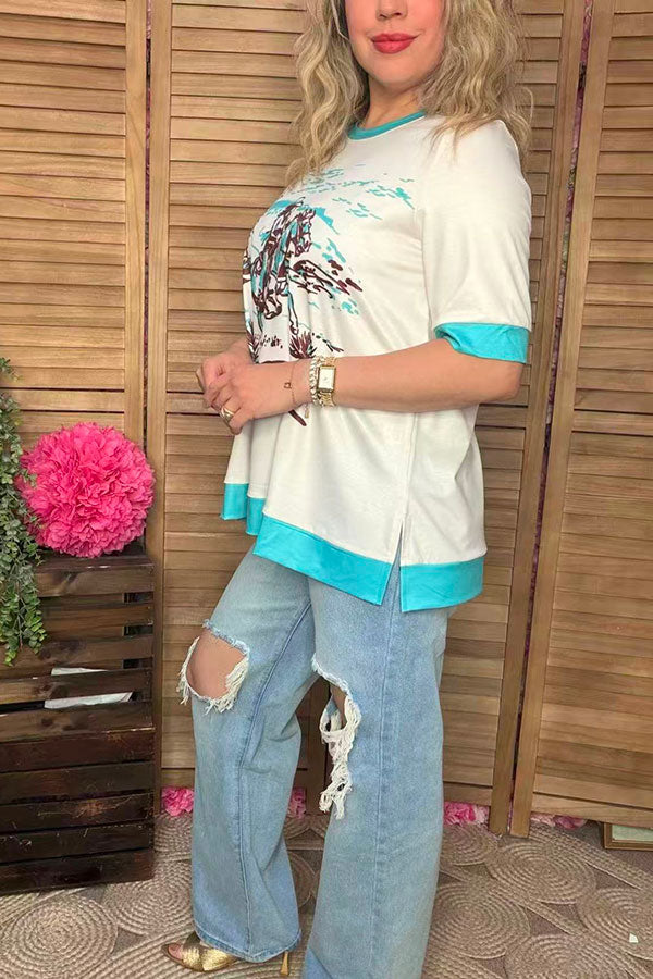 Southern Stitch Western riding horse printed short sleeve women top w/side slits XCH16985