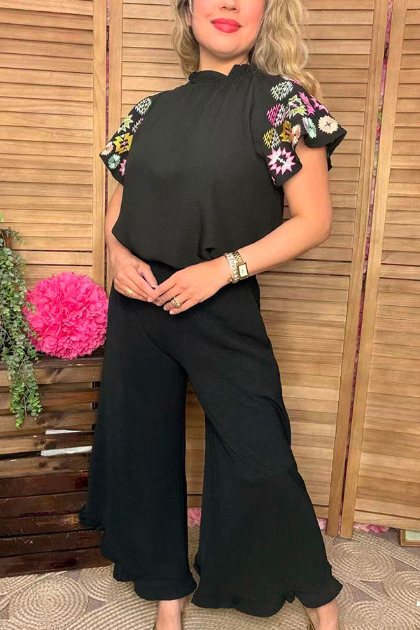 Southern Stitch Aztec embroidery raglan sleeves black women blouse XCH16757