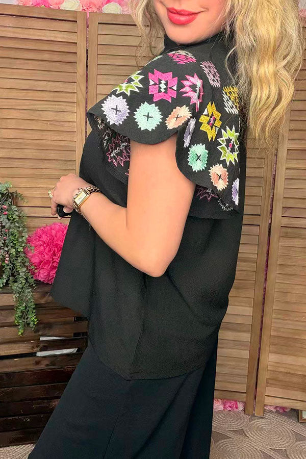 Southern Stitch Aztec embroidery raglan sleeves black women blouse XCH16757