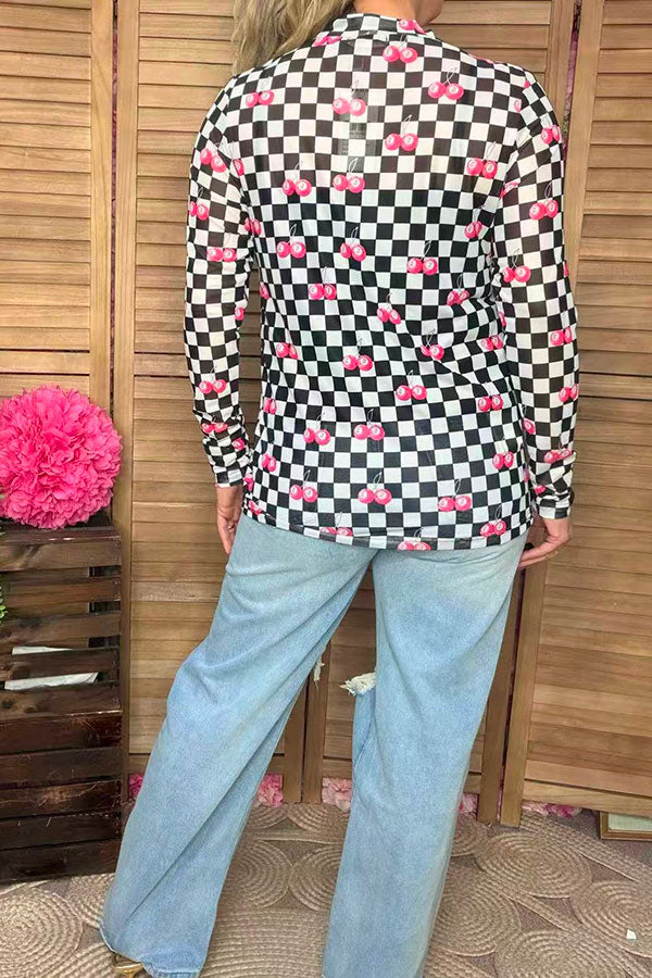 Southern Stitch Checkered 8-ball cherries printed sheer long sleeve women blouse XCH17027