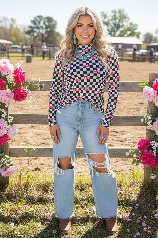 Southern Stitch Checkered 8-ball cherries printed sheer long sleeve women blouse XCH17027