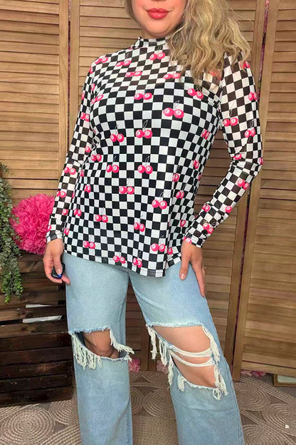 Southern Stitch Checkered 8-ball cherries printed sheer long sleeve women blouse XCH17027