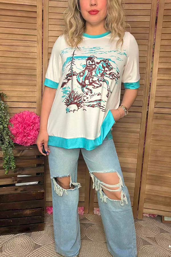 Southern Stitch Western riding horse printed short sleeve women top w/side slits XCH16985