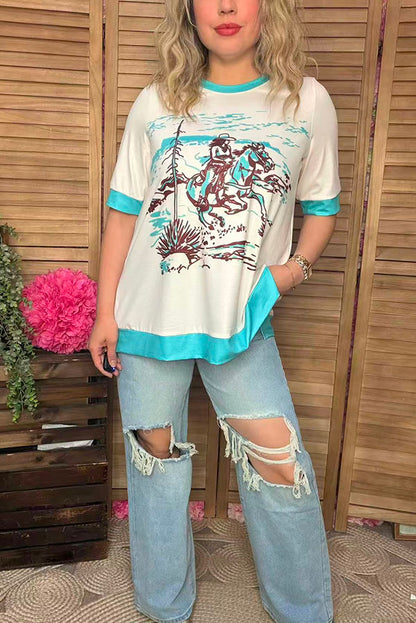 Southern Stitch Western riding horse printed short sleeve women top w/side slits XCH16985