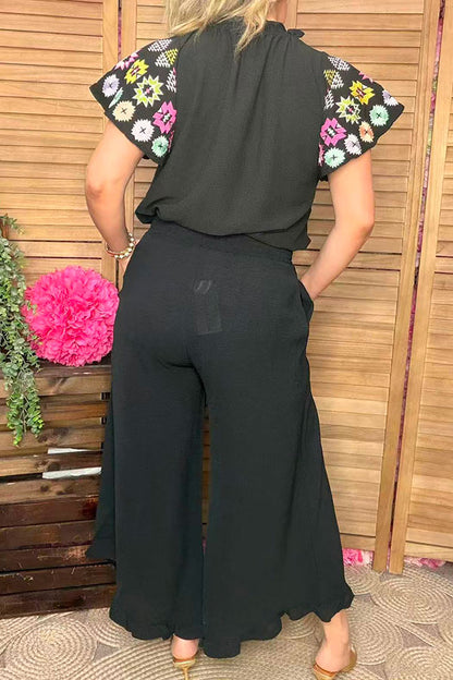 Solid color black ruffles wide leg women pant XCH16374