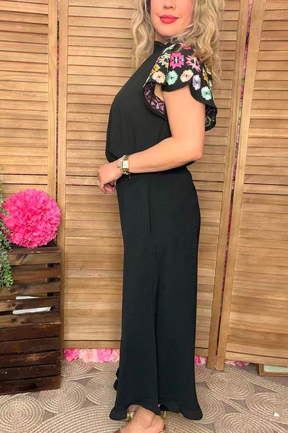 Southern Stitch Aztec embroidery raglan sleeves black women blouse XCH16757