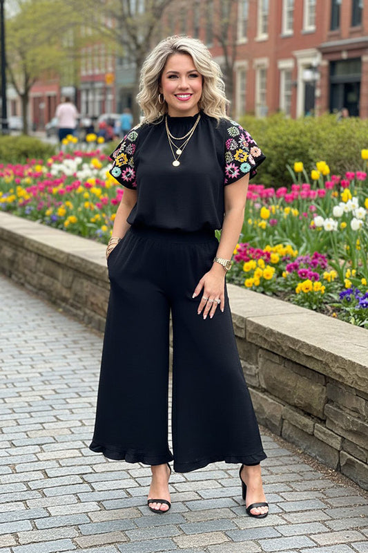 Solid color black ruffles wide leg women pant XCH16374