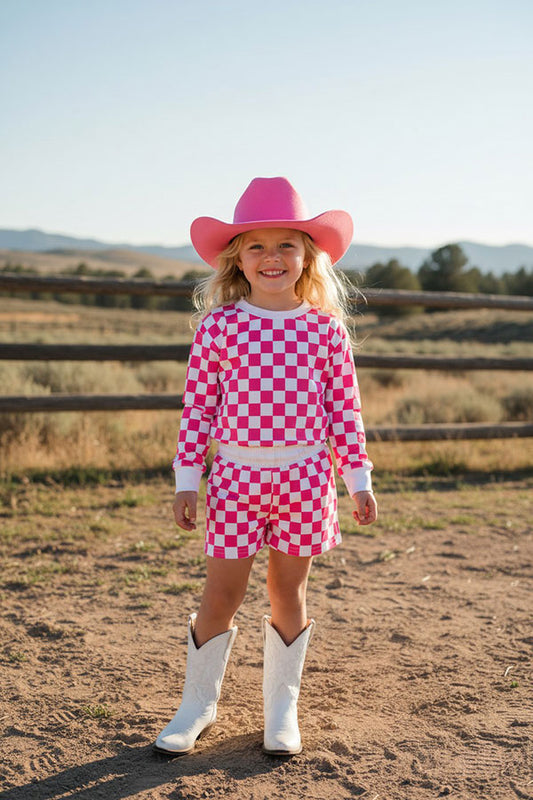 Western checkered long sleeve top & shorts girls boutique set XCH04051