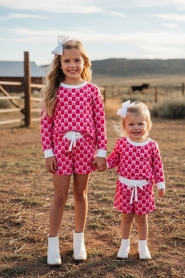 Western checkered & cherry top & shorts girls boutique set XCH04053