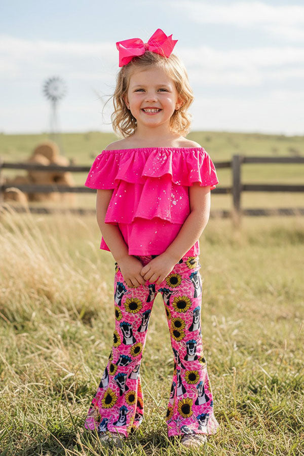 Western pink top & leoaprd & cow & sunflower girls boutique set XCH0777-26H