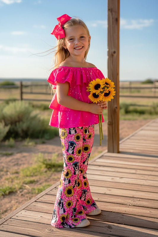 Western pink top & leoaprd & cow & sunflower girls boutique set XCH0777-26H
