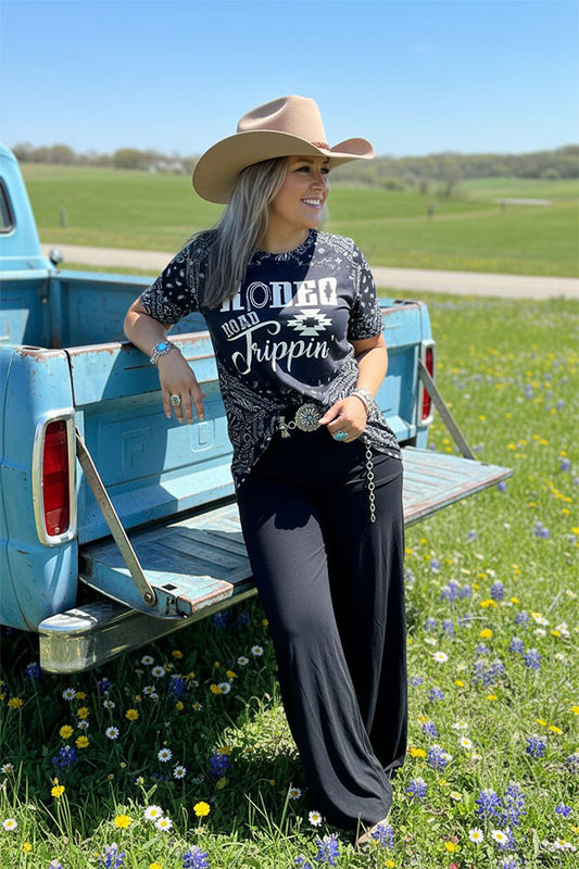 XCH14181 Rodeo Road Trippin paisley black short sleeve women top