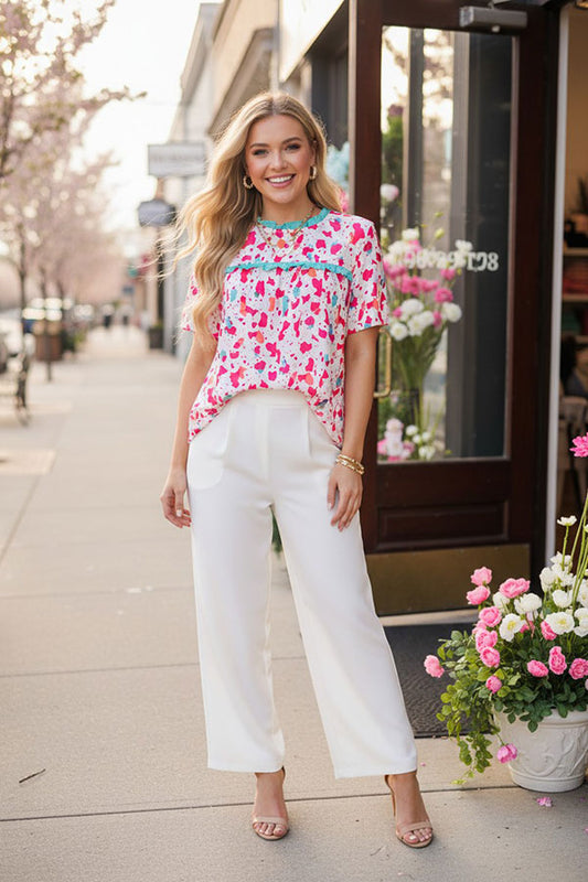 Mint & fuchsia leopard printed w/ruffle short sleeve women tops XCH15803(GS7)