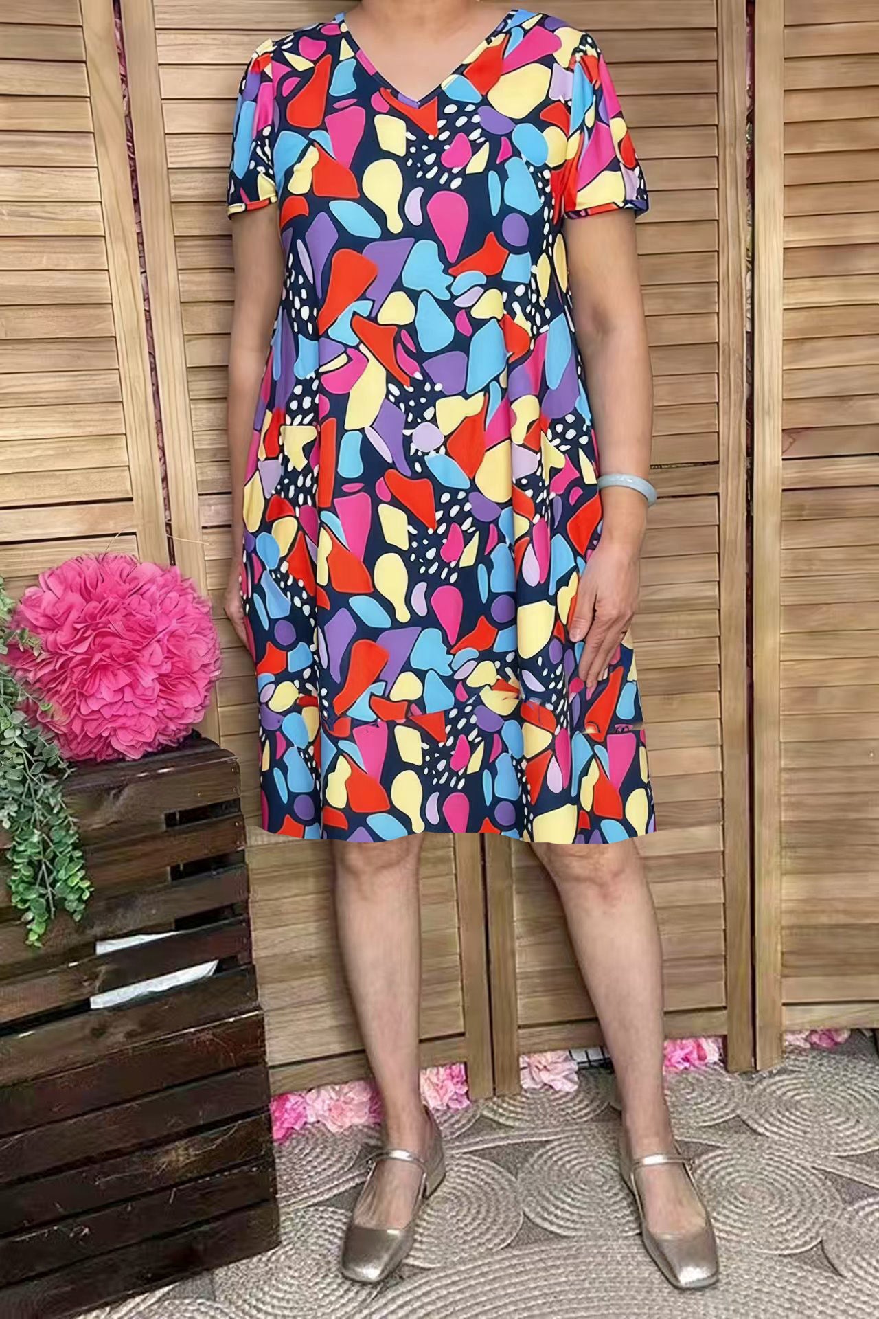 Western printed short sleeve women's boutique dress w/side pockets XCH15945