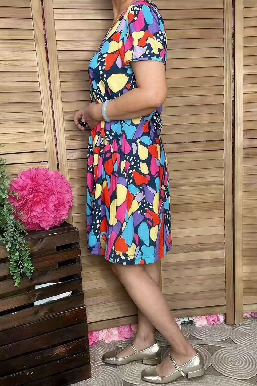 Western printed short sleeve women's boutique dress w/side pockets XCH15945