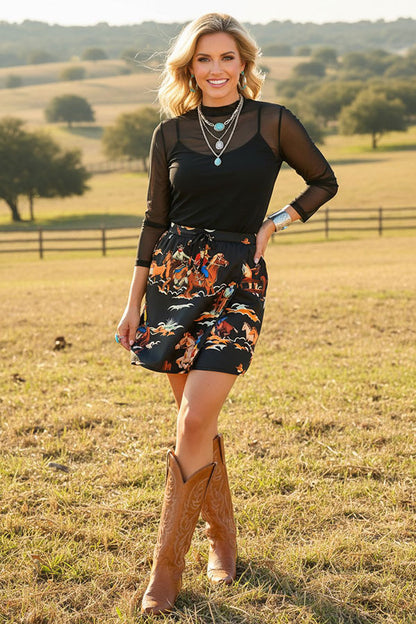 Western cowboy print black mini women's boutique skirt Southern Stitch XCH17176