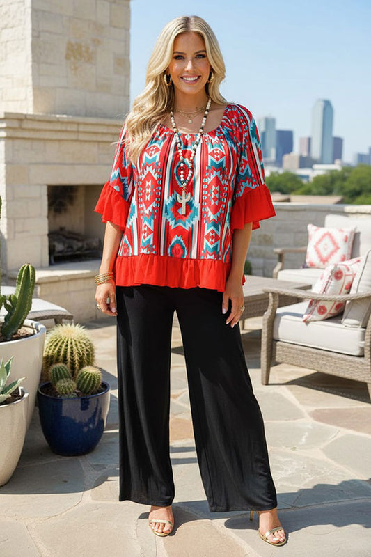 Western aztec off-shoulder women's boutique blouse Southern Stitch YMY15524