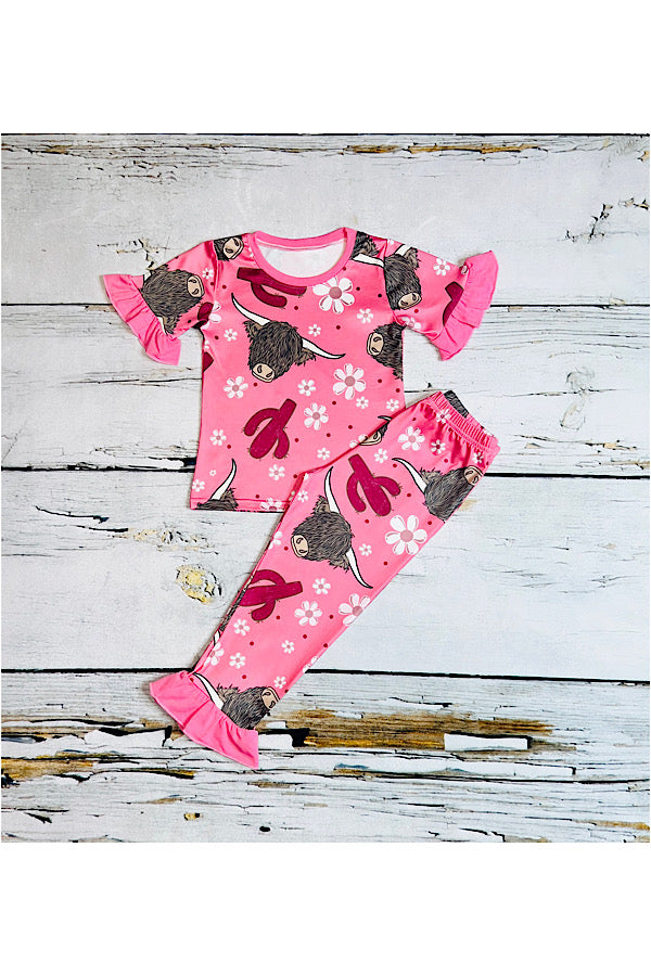 Cute cow&cactus print two piece girls pajamas clothing sets DLH2318