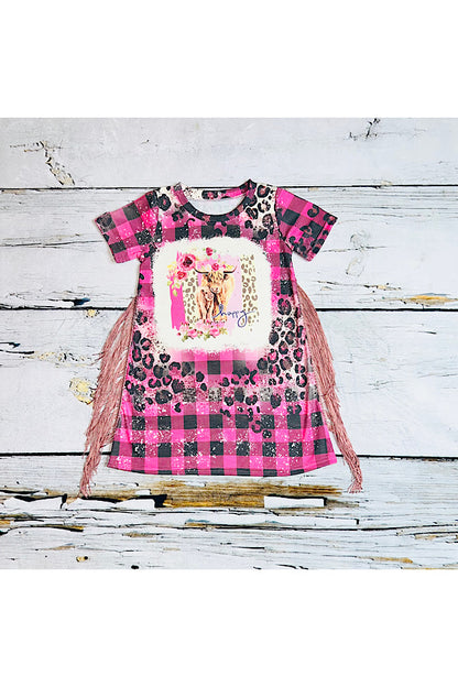 "happy" cow floral print pink black plaid short sleeve dress with tassels DLH2303