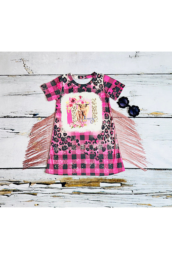 "happy" cow floral print pink black plaid short sleeve dress with tassels DLH2303
