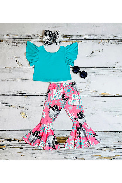 Teal flutter sleeve top DISCO COWGIRL print bottoms 2pc girls oufit sets XCH0777-19