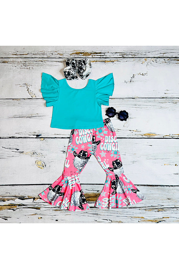 Teal flutter sleeve top DISCO COWGIRL print bottoms 2pc girls oufit sets XCH0777-19