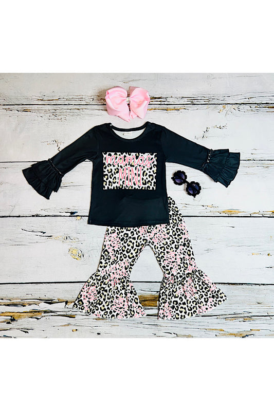 Long sleeve "mamas MINI" print & bell-bottom pant 2pcs girls boutique clothing sets