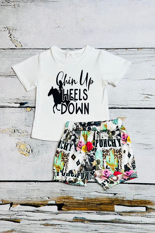 "Chin up HEELS DOWN" horse print 2pc girls outfit sets wholesale 9160MZ