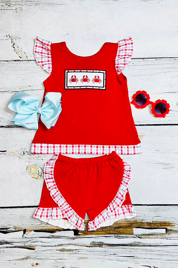 Red top with crab embroidery ruffle shorts 2pcs girls boutique clothes wholesale 1104WY
