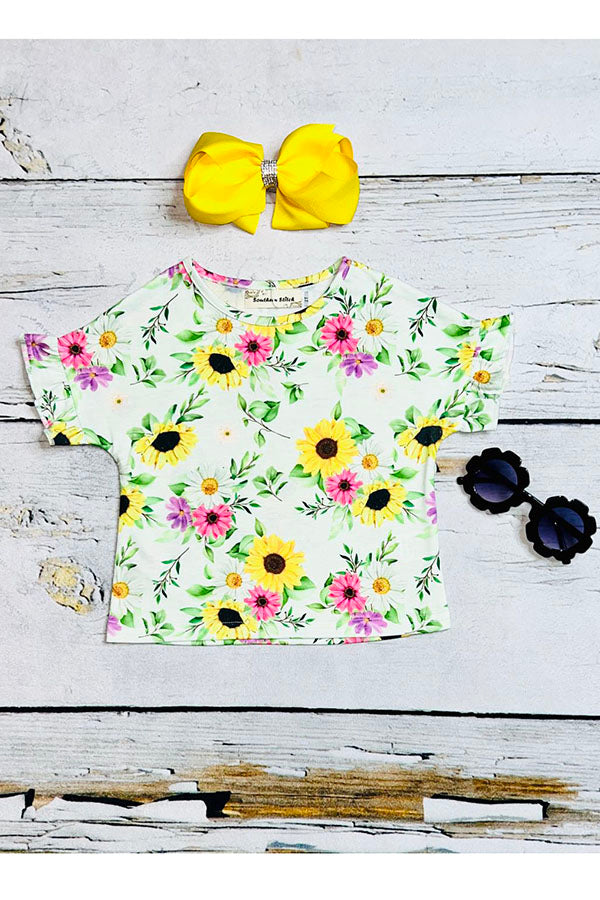 Floral print ruffle short sleeve baby girls top wholesale XCH0899-6H