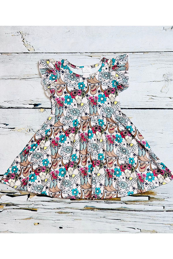 Western animal&floral print short sleeve girls dress wholesale 1110WY