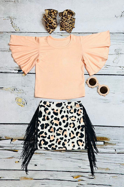 Summer Plain ruffle short sleeve top leopard skirts 2pcs girls outfit sets DLH2344