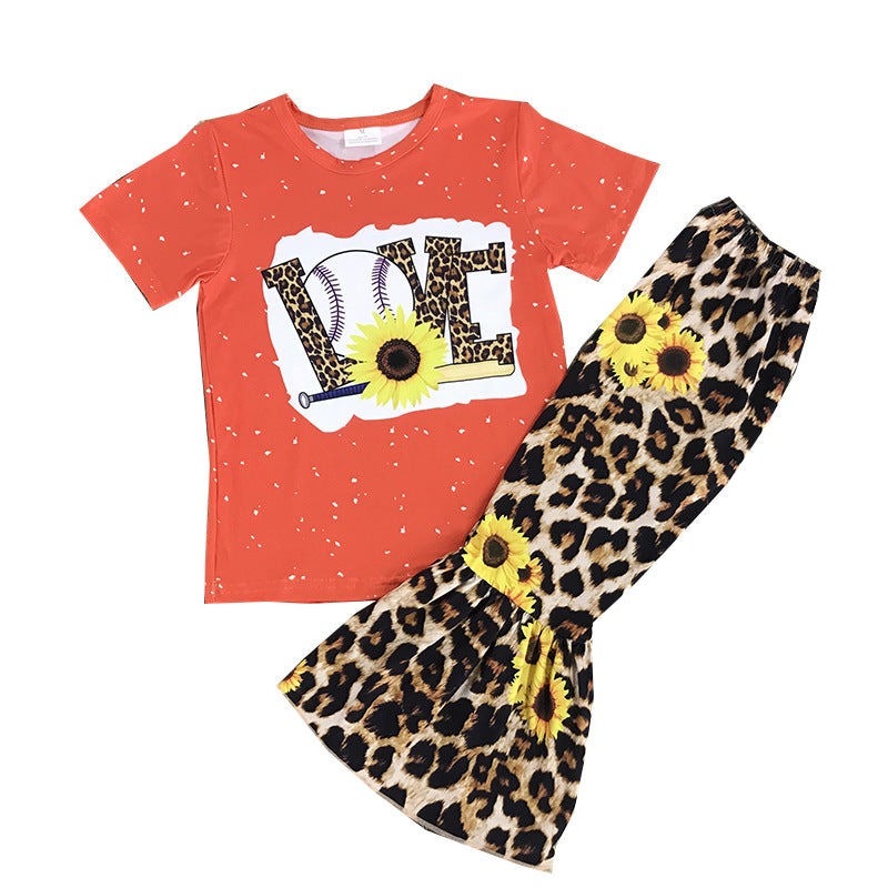 Girls Wholesale Clothing Sunflower Alphabet Print T-Shirt Leopard Print Flared Pants Set