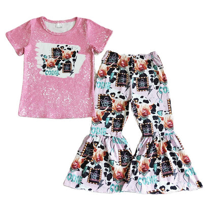 Wholesale Pink Suit Girls Short Sleeve Tie Dye Printing T-Shirt Flared Pants Children Kids Clothes