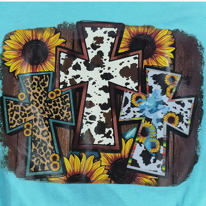 Crosses w/sunflowers logo turquoise & cowhide print short sleeve 2pc set DLH0923-37