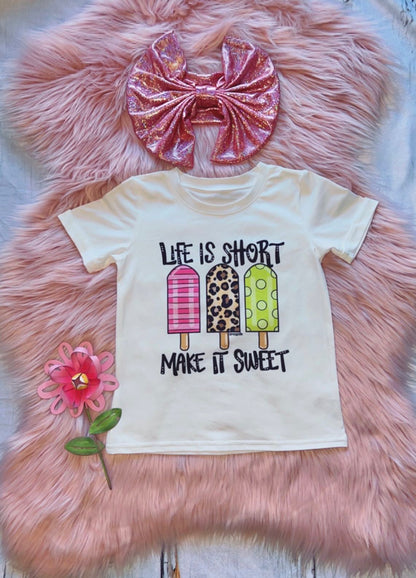 ''Life Is Short'' with multi print popsicles white t-shirt DLH1215-33