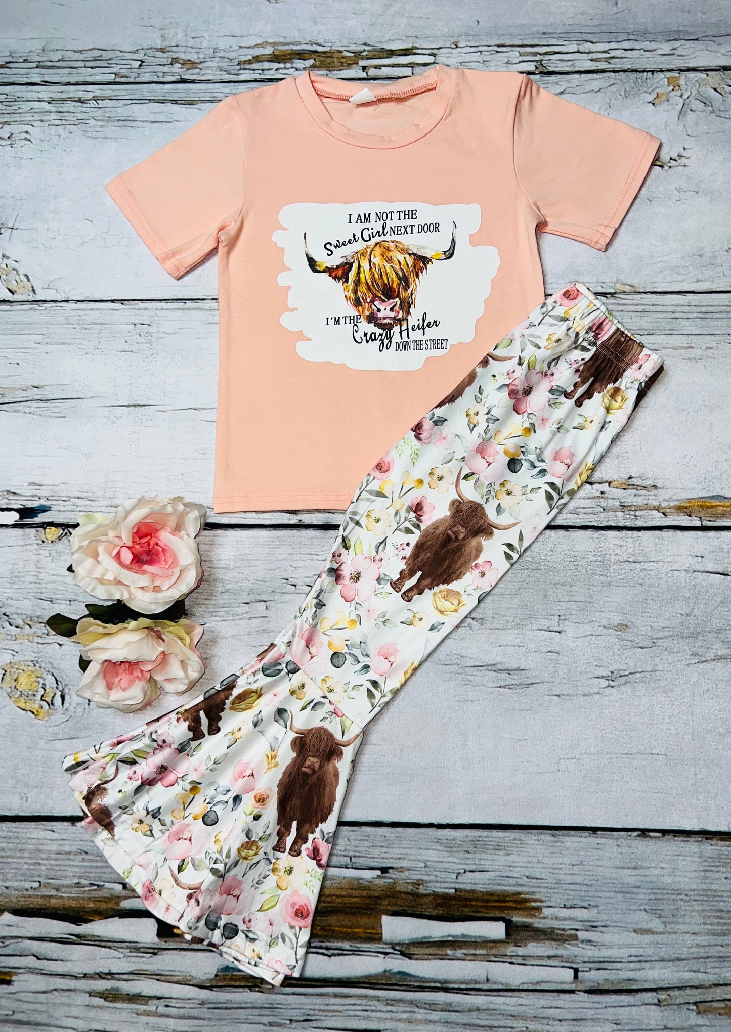 "I AM NOT THE SWEET GIRL NEXT DOOR" peach & floral bulls 2pc short sleeve set