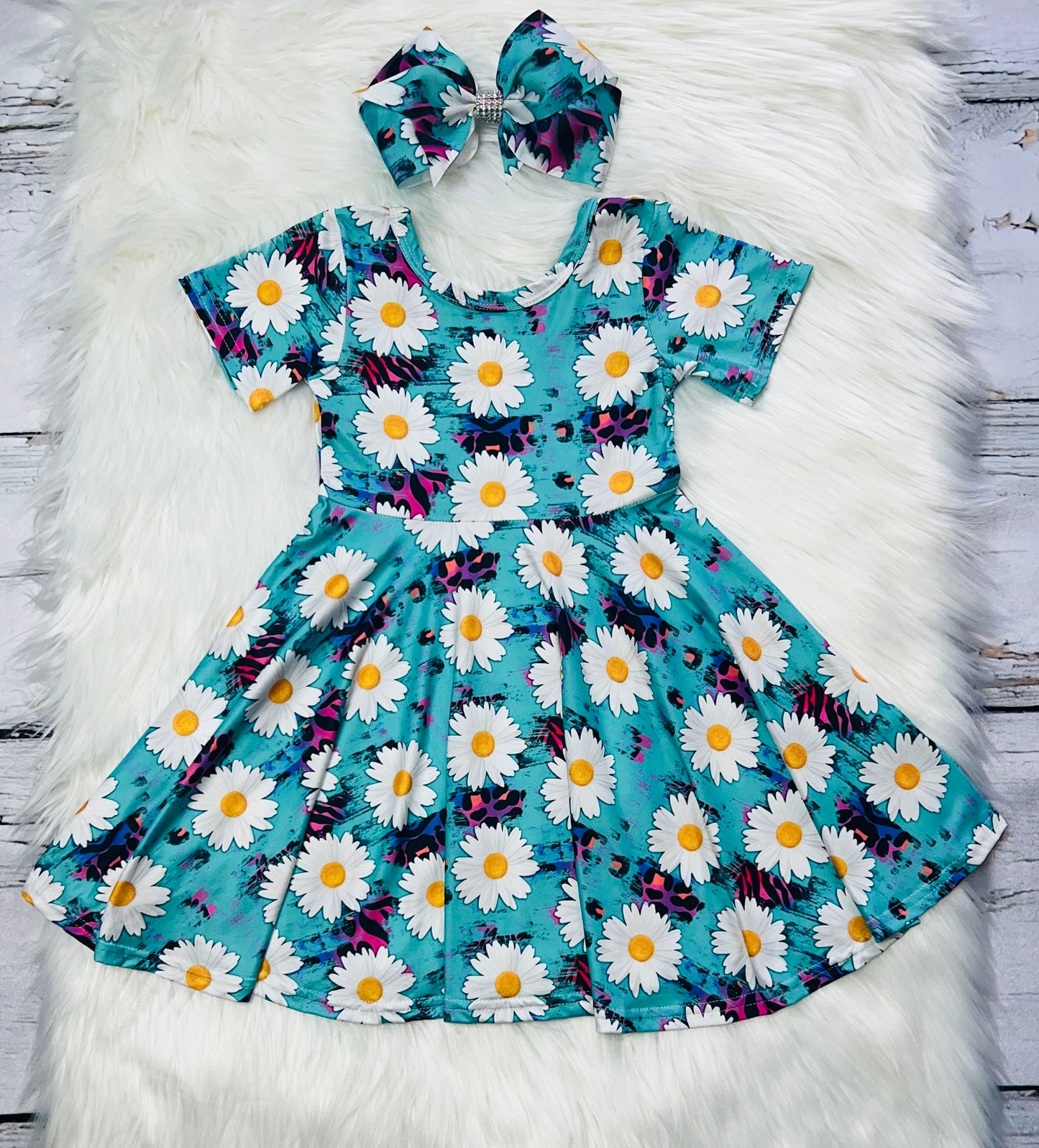 Daisy & animal print on turquoise print short swirl sleeve dress DLH1108-9