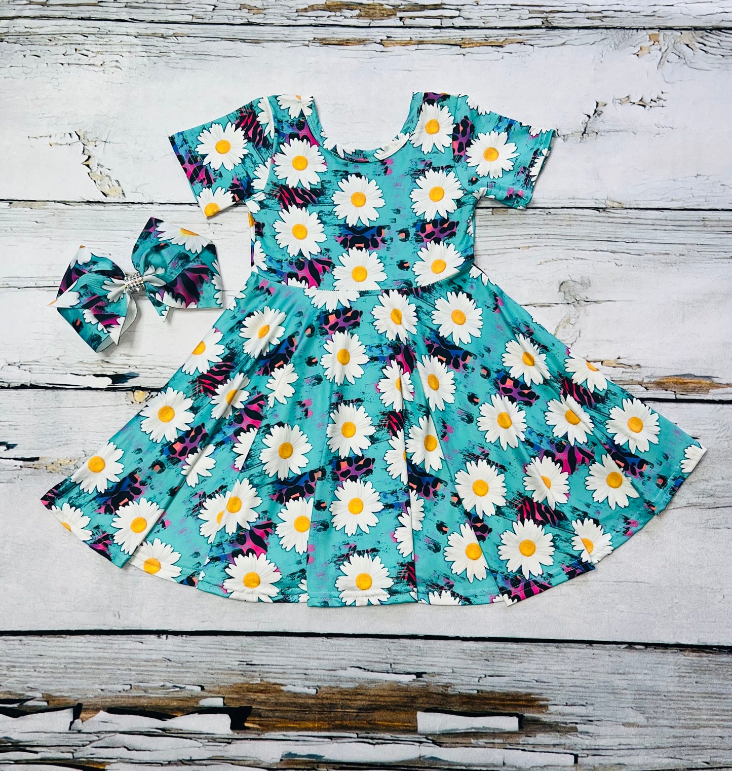 Daisy & animal print on turquoise print short swirl sleeve dress DLH1108-9