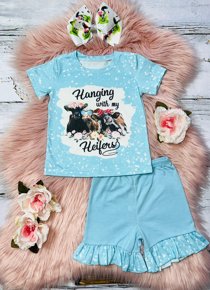 "Hanging with my heifers" light blue short sleeve 2pc set DLH1017-6