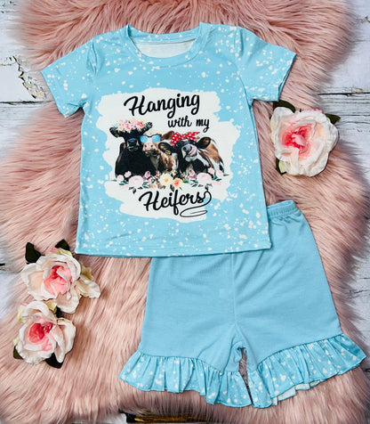 "Hanging with my heifers" light blue short sleeve 2pc set DLH1017-6