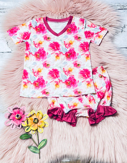 Dark pink floral print 2pc pajama set DLH0923-12