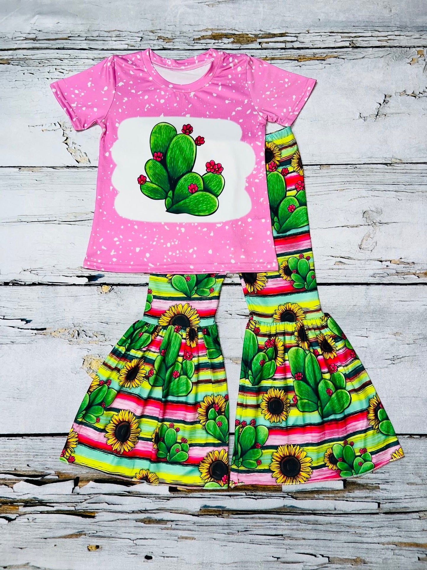Pink cactus top w/serape/cactus/sunflowers print bottoms 2pc short sleeve set DLH1212-12