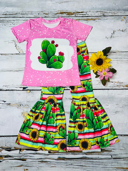 Pink cactus top w/serape/cactus/sunflowers print bottoms 2pc short sleeve set DLH1212-12