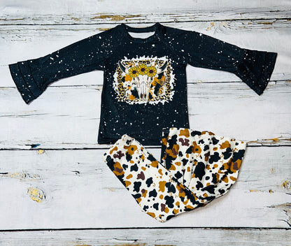 Black cow skull head with sunflowers black 2pc long sleeve set DLH0824-8