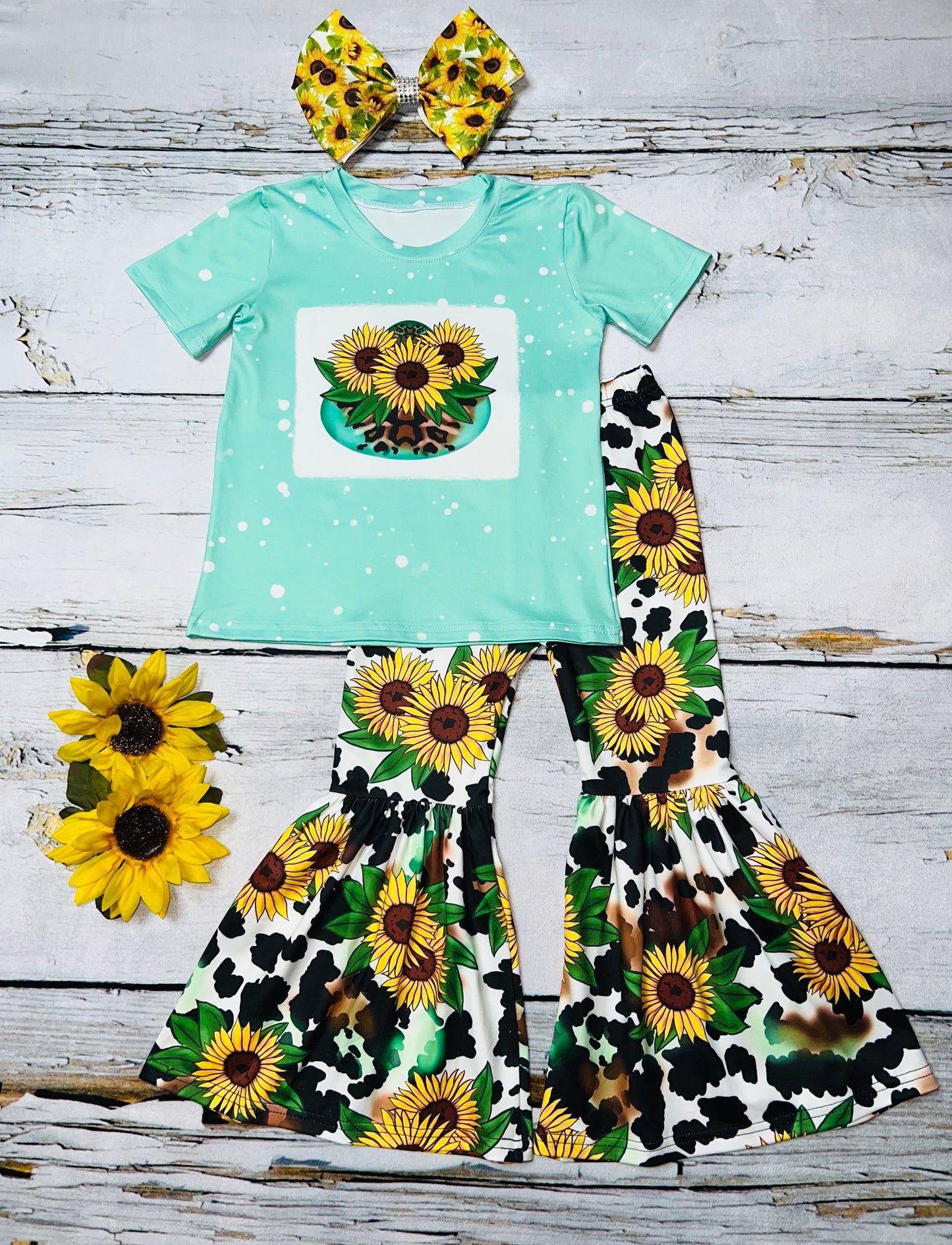 Sunflower & cow print aqua 2pc short sleeve set DLH1121-5