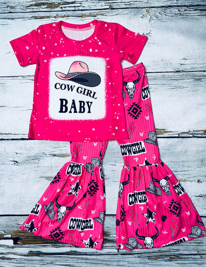 "Cowgirl Baby" bright pink western short sleeve 2pc set DLH1212-11