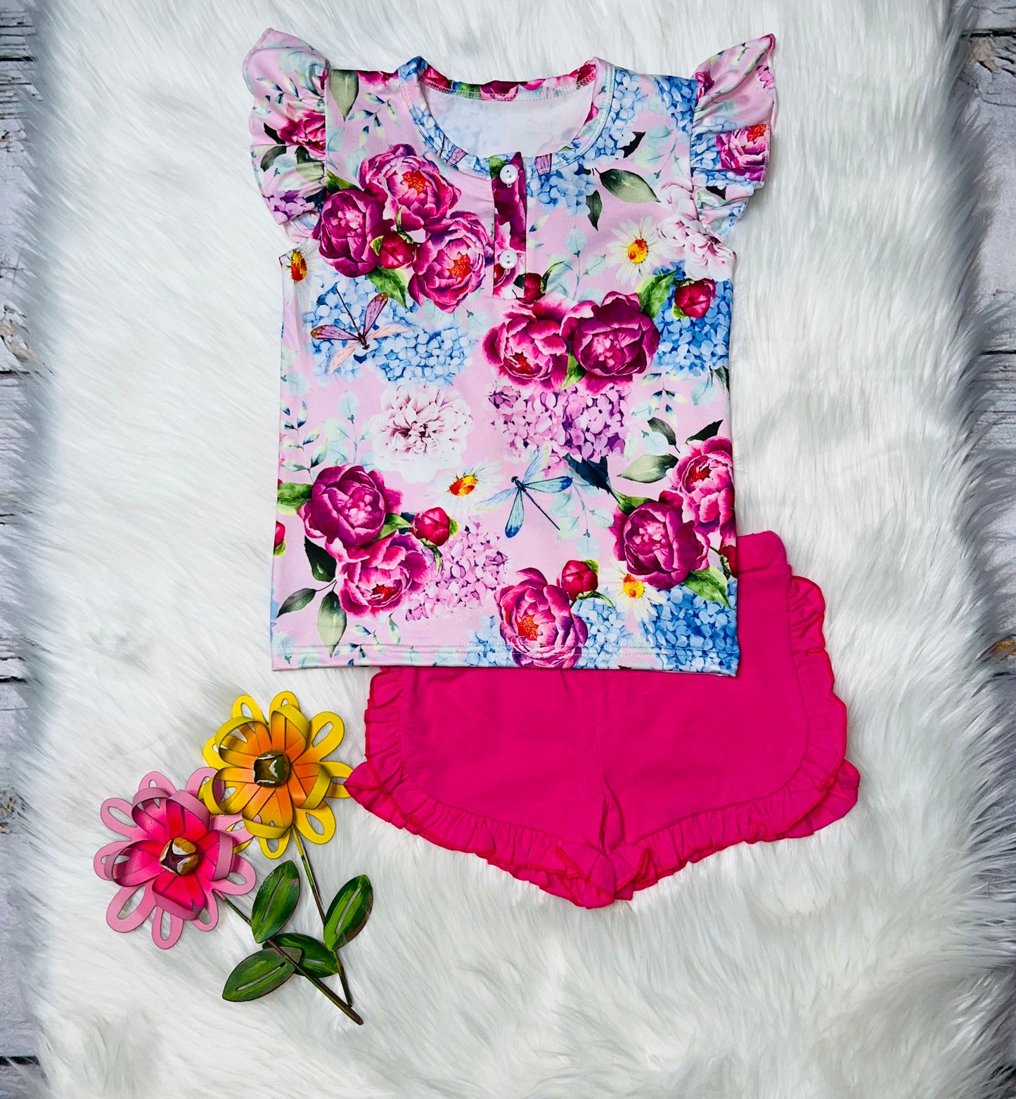 Hot pink floral short sleeve 2pc short & top set DLH1215-16
